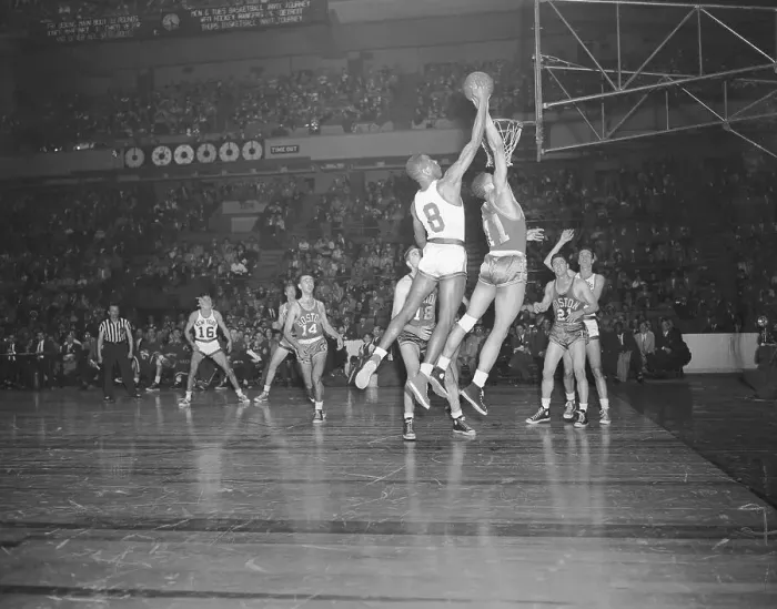 Framed Print : Basketball Players Jump for Ball Framed Print : Basketball Players Jump for Ball