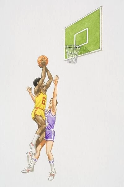 Two basketball players jumping up in the air near basket, one of them throwing the ball and the other trying to snatch it