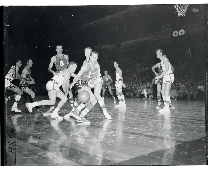 Framed Print : Basketball Players Scrambling for the Ball Framed Print : Basketball Players Scrambling for the Ball