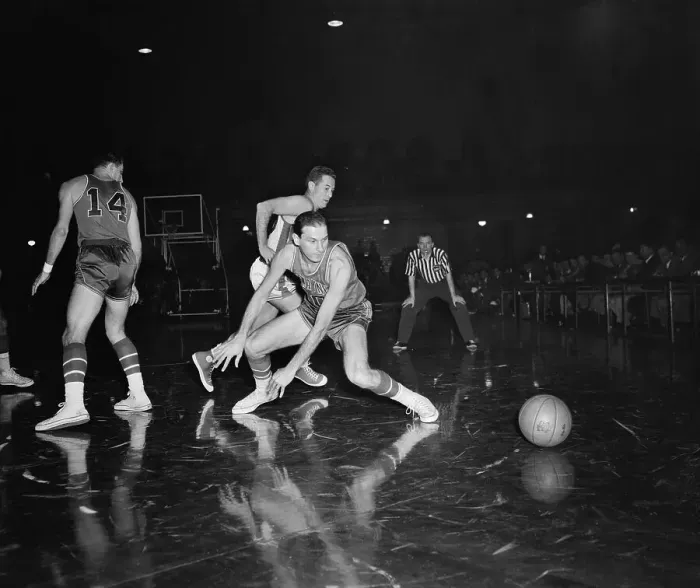 Framed Print : Basketball Players Scrambling for the Ball