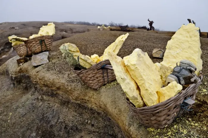 Framed Print : Baskets full of sulfur stone with mask Framed Print : Baskets full of sulfur stone with mask