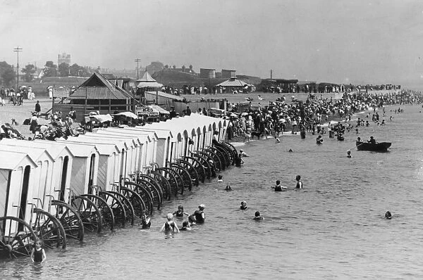 Bathing At Southsea. 1900: Holidaymakers enjoy mixed bathing at Southsea