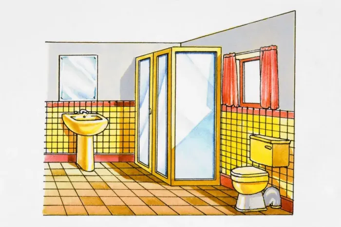 Framed Print : Bathroom with shower and red and yellow tiles Framed Print : Bathroom with shower and red and yellow tiles