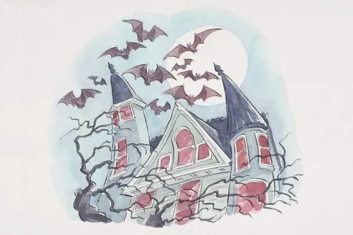 Framed Print : Bats flying against full moon over gothic house Framed Print : Bats flying against full moon over gothic house