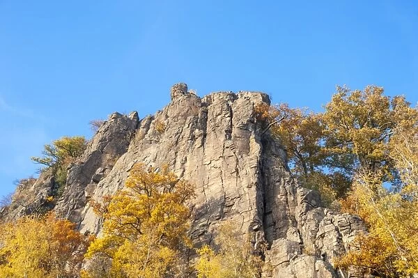 Battertfelsen rocks in autumn, Battert mountain, Schwarzwald, Baden-Baden, Baden-Wurttemberg, Germany