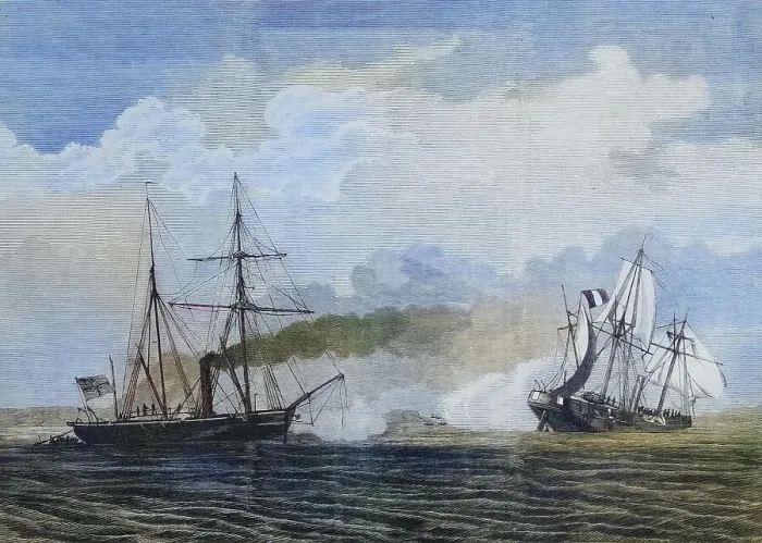 Framed Print : Battle of Havana between the German gunboat Meteor and the French Aviso Bouvet, illustrated war history, German, French war 1870-1871, Germany, France, Battle of Havana between the German gunboat Meteor and the French Aviso Bouvet, illustrated war