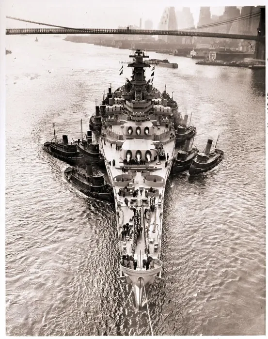 Framed Print : Battleship Being Pulled into Yard Framed Print : Battleship Being Pulled into Yard