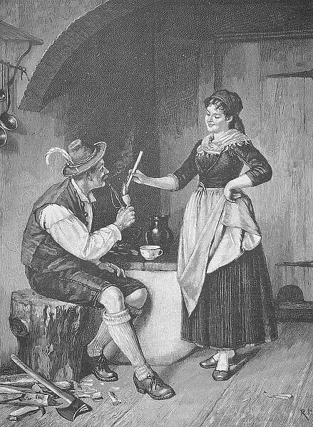 Bavaria, Woman Lighting Her Husband's Pipe, Germany, Historical, digital reproduction of an original from the 19th century