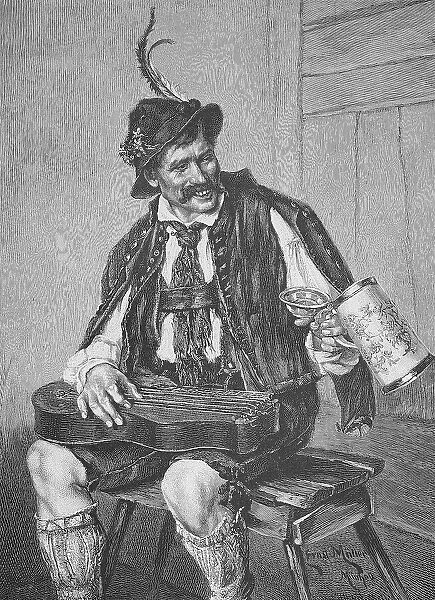 Bavarian musician with zither and beer mug, Bavaria, Germany, Historical, digital reproduction of an original 19th century painting