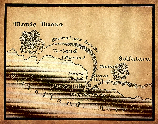 Bay of Baiae, Italy, old map from 1888