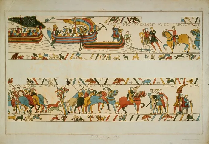 Framed Print : Bayeux Tapestry Scene - future King Harold II lands at Ponthieu Framed Print : Bayeux Tapestry Scene - future King Harold II lands at Ponthieu