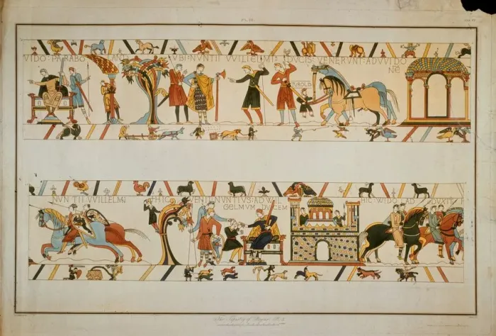 Framed Print : Bayeux Tapestry Scene - messengers inform William the Conqueror future King Harold II has been taken prisoner Framed Print : Bayeux Tapestry Scene - messengers inform William the Conqueror future King Harold II has been taken prisoner