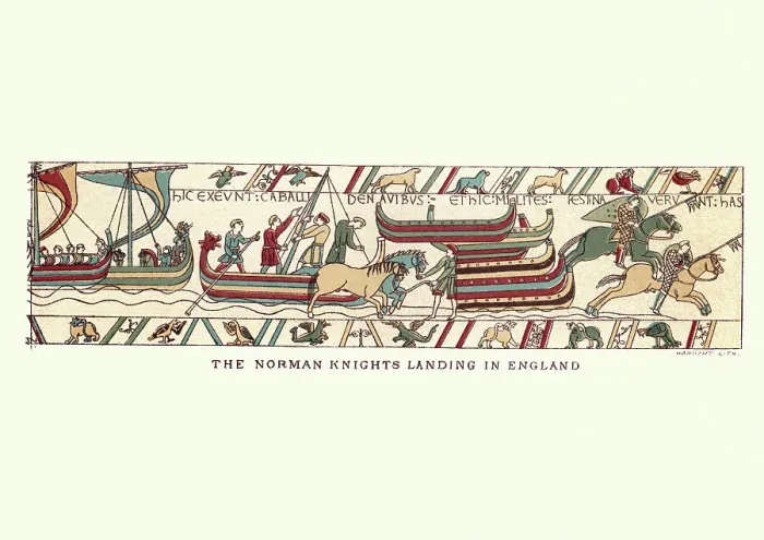 Framed Print : Bayeux Tapestry showing Norman knights landing in England, 1066 Framed Print : Bayeux Tapestry showing Norman knights landing in England, 1066