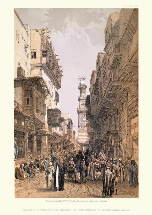 Framed Print : Bazaar of the street leading to the Mosque El Mooristan, Cairo, 19th Century Framed Print : Bazaar of the street leading to the Mosque El Mooristan, Cairo, 19th Century
