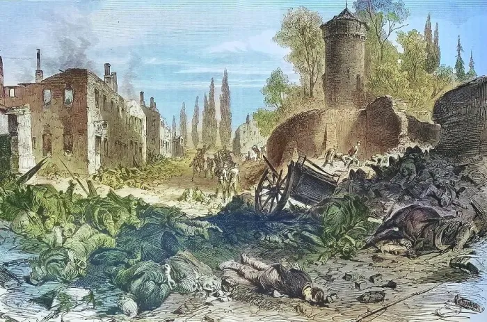 Framed Print : Bazeilles after the storming by the bavarians in the Battle of Sedan, illustrated war history, German, French war 1870-1871, Germany, France