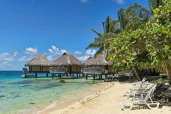 Beach, overwater bungalows, Bora Bora, French Polynesia