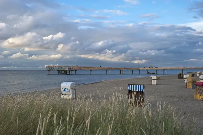 Framed Print : Beach with the pier, Erlebnis-Seebruecke, Heiligenhafen, Baltic Sea, Schleswig-Holstein, Germany, Europe