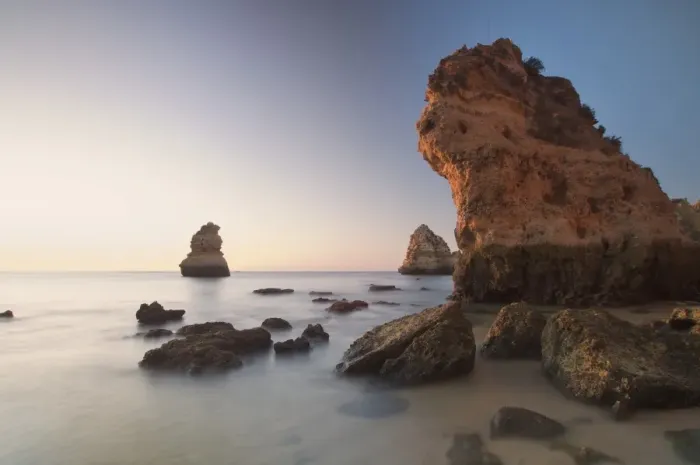 Framed Print : Beach with rocks at sunrise, Lagos, Portugal, Europe Framed Print : Beach with rocks at sunrise, Lagos, Portugal, Europe