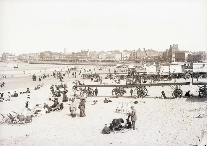 Framed Print : Beach Scene / Bathing Cars Lined Up Framed Print : Beach Scene / Bathing Cars Lined Up