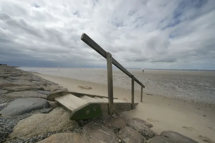 Framed Print : Beach stairs to a small beach on the North Sea, Dagebuell, North Frisia, Schleswig-Holstein, Germany, Europe Framed Print : Beach stairs to a small beach on the North Sea, Dagebuell, North Frisia, Schleswig-Holstein, Germany, Europe