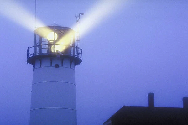 beacon, beams, coast, evening, fog, foggy, haze, light, lighthouse, mist, outdoor