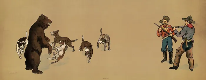 Framed Print : Bear Hunt. A print showing two cowboys hunting a bear with a pack of dogs Framed Print : Bear Hunt. A print showing two cowboys hunting a bear with a pack of dogs