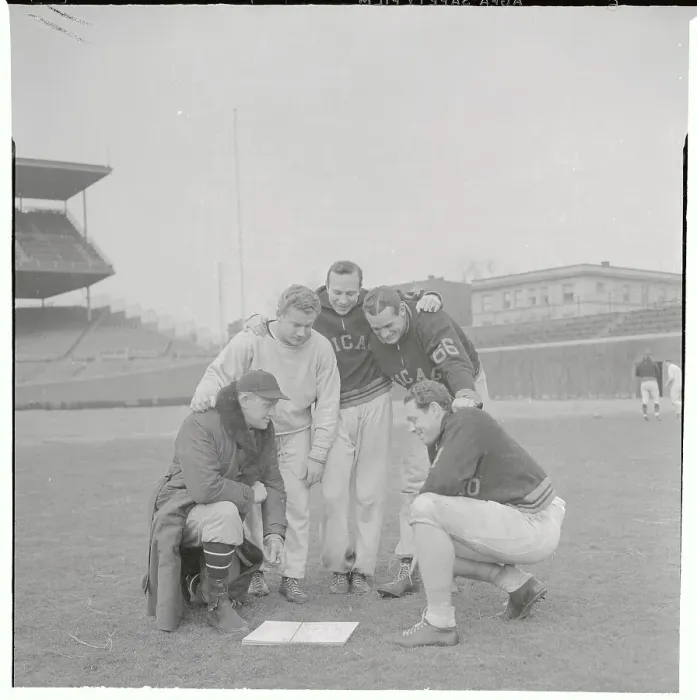 Framed Print : Bears Teammates Posing on The Field Framed Print : Bears Teammates Posing on The Field