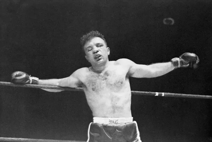 Framed Print : Beaten Jake Lamotta Leans Against Ropes Framed Print : Beaten Jake Lamotta Leans Against Ropes