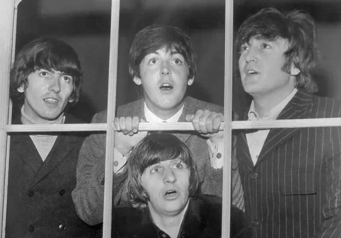 Framed Print : The Beatles Making Faces at Window