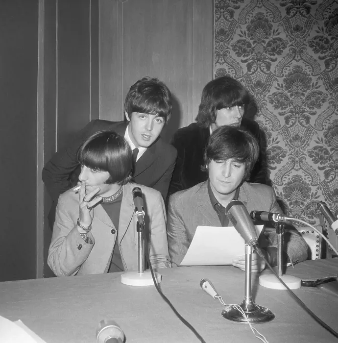 Framed Print : The Beatles Mug for Camera at Press Conference Framed Print : The Beatles Mug for Camera at Press Conference