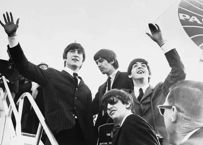 Framed Print : The Beatles Waving from Airplane Framed Print : The Beatles Waving from Airplane