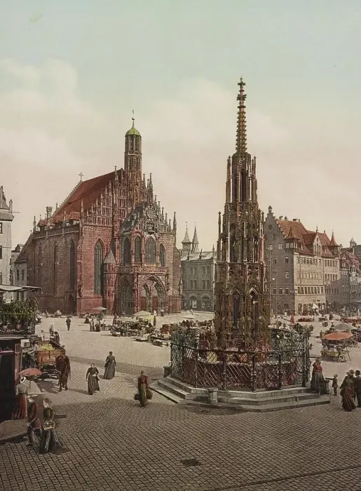 Framed Print : The Beautiful Fountain and Church of Our Lady in Nuremberg, Bavaria, c. 1890, Germany, Historical, digitally restored reproduction from a 19th century original Framed Print : The Beautiful Fountain and Church of Our Lady in Nuremberg, Bavaria, c. 1890, Germany, Historical, digitally restored reproduction from a 19th century original