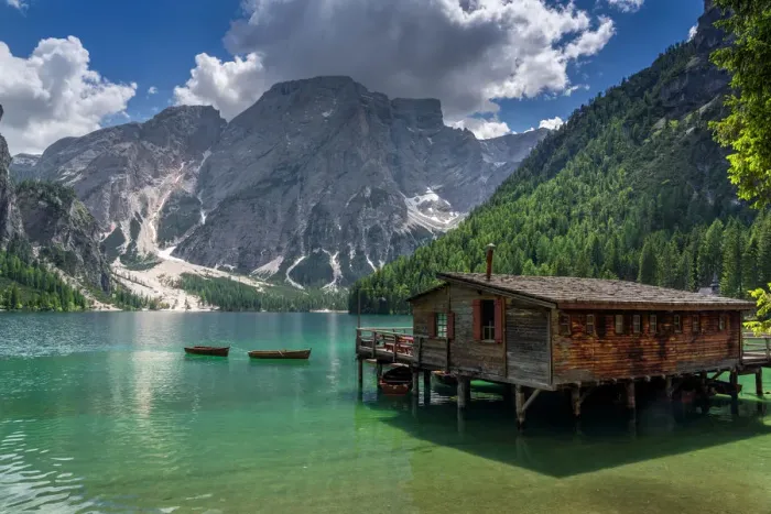 Framed Print : Beautiful landscape of Braies Lake (Lago di Braies) with wooden bridge Framed Print : Beautiful landscape of Braies Lake (Lago di Braies) with wooden bridge