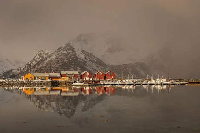 Framed Print : Beautiful landscape with clouds, fog, water, reflectaion in background at Lofoten Island, Norway Framed Print : Beautiful landscape with clouds, fog, water, reflectaion in background at Lofoten Island, Norway