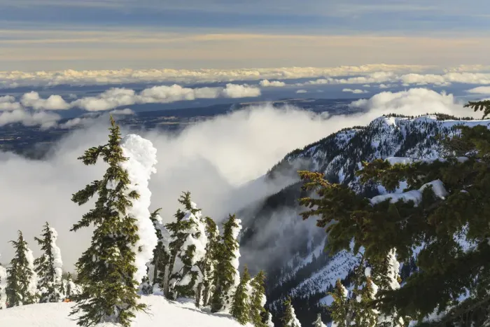 Framed Print : Beautiful landscape with clouds, Mt, Washington Ski Resort bordering Strathcona Provincial Park, Vancouver Island, British Columbia, Canada