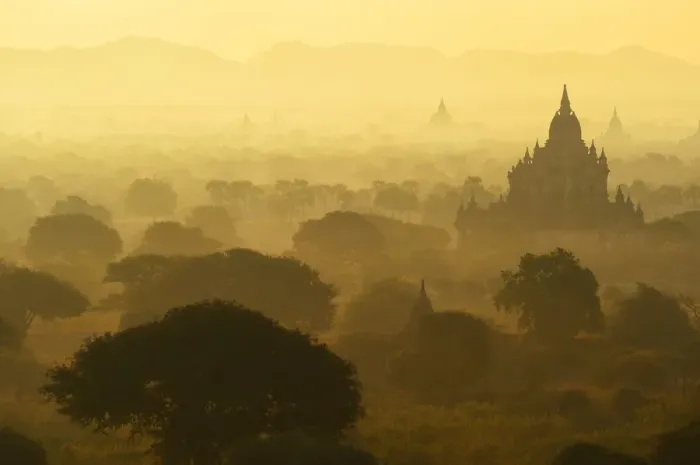 Framed Print : Beautiful pagodas landscape dust time of Old Bagan, Myanmar Framed Print : Beautiful pagodas landscape dust time of Old Bagan, Myanmar