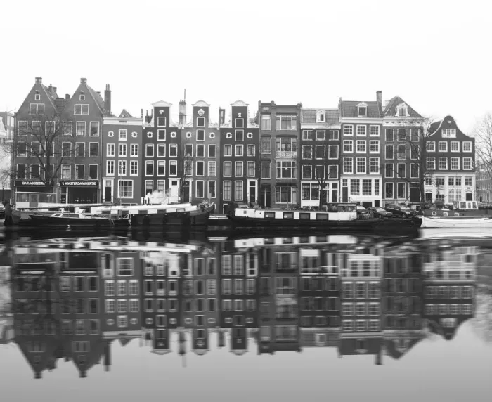 Framed Print : Beautiful reflections of Amsterdam in black and white Framed Print : Beautiful reflections of Amsterdam in black and white