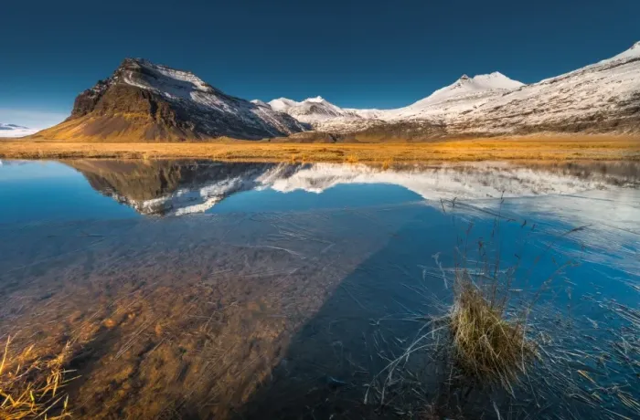 Framed Print : Beautiful scene of Snow mountain with reflection