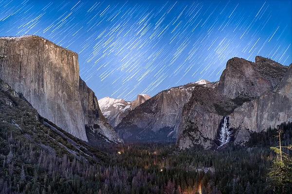 Beautiful Star Trails over Yosemite Valley from the Tunnel View lookout