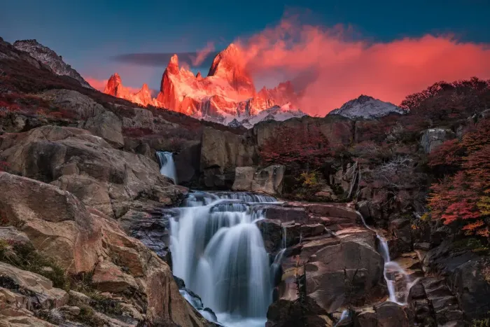 Framed Print : Beautiful view with waterfall and Fitz Roy mountain. Patagonia, Argentina