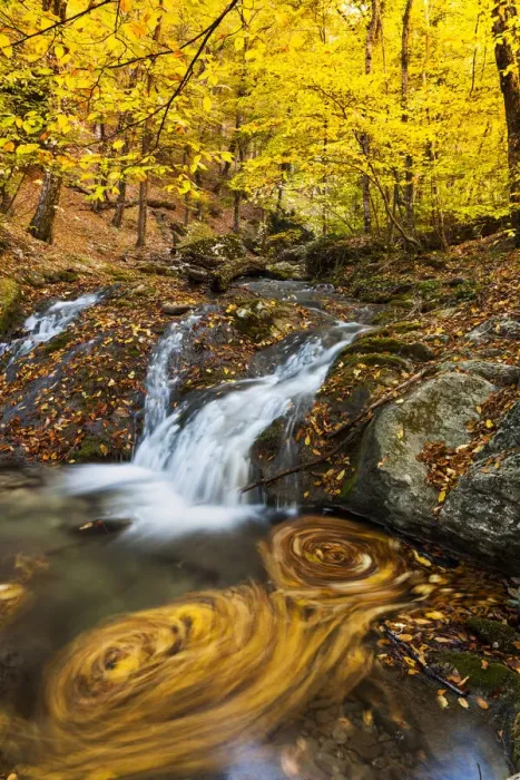 Framed Print : Beautiful waterfall in forest, autumn landscape