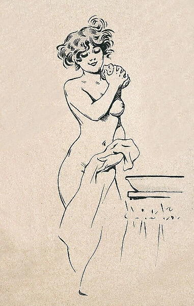 Beautiful young woman washing wish sponge and water in a bowl, Belle Epoque period, French 1890s, 19th Century