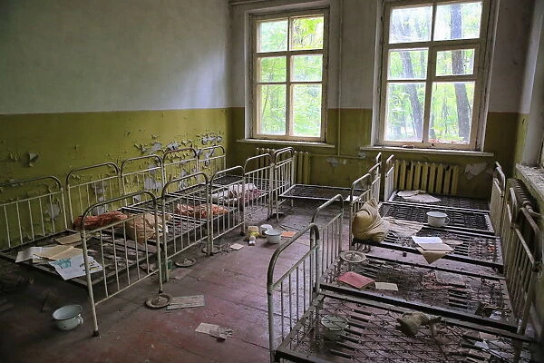 The bedroom in abandoned kindergarten within Chernobyl exclusion zone