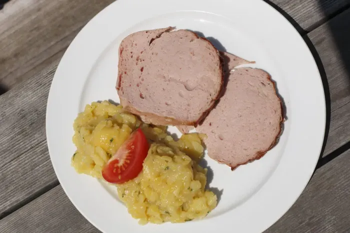 Framed Print : Beef and pork loaf with potato salad, Upper Bavaria, Bavaria, Germany, Europe Framed Print : Beef and pork loaf with potato salad, Upper Bavaria, Bavaria, Germany, Europe