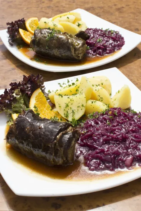 Framed Print : Beef roulade with red cabbage and boiled potatoes Framed Print : Beef roulade with red cabbage and boiled potatoes