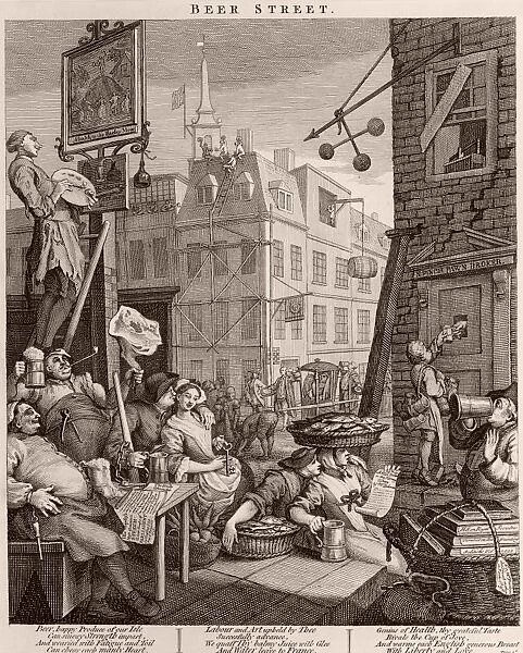 Beer Street. Engraving By William Hogarth celebrating the virtues of beer circa 1751