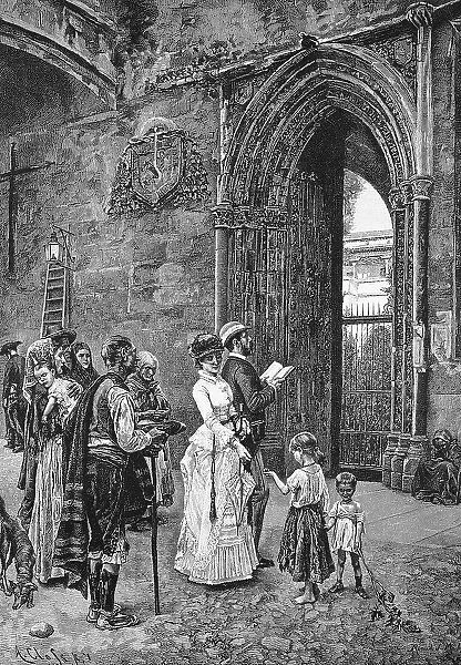 Beggars in Toledo, Spain, beggars ask the rich cultural travellers for alms, Historic, digital reproduction of an original 19th century painting, original date unknown