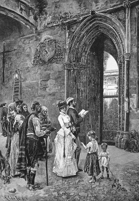 Framed Print : Beggars in Toledo, Spain, beggars ask the rich cultural travellers for alms, Historic, digital reproduction of an original 19th century painting, original date unknown Framed Print : Beggars in Toledo, Spain, beggars ask the rich cultural travellers for alms, Historic, digital reproduction of an original 19th century painting, original date unknown