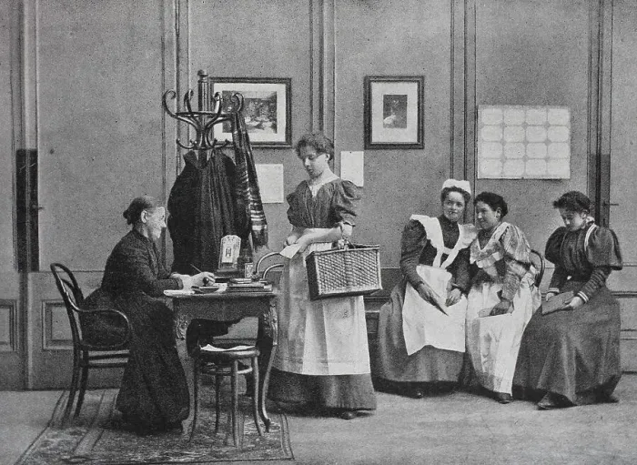 Framed Print : Bei der Zubringerin, Maklerin fuer Dienstmaegde, 1899, Germany, Historic, digital reproduction of an original 19th-century print Framed Print : Bei der Zubringerin, Maklerin fuer Dienstmaegde, 1899, Germany, Historic, digital reproduction of an original 19th-century print