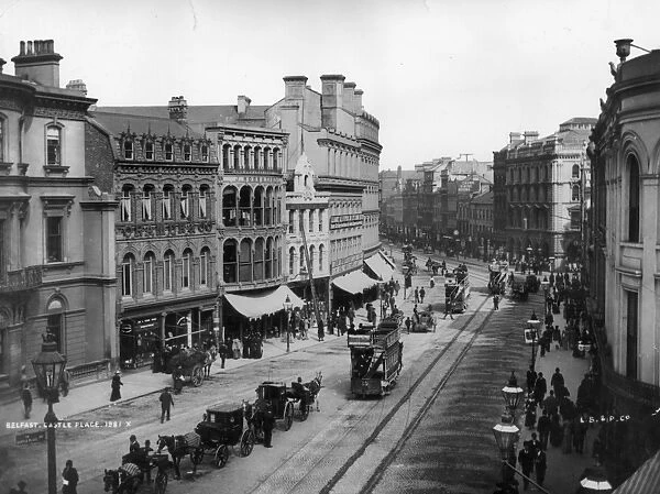 Belfast. circa 1905: Castle Place, Belfast with horse drawn trams and hackney cabs